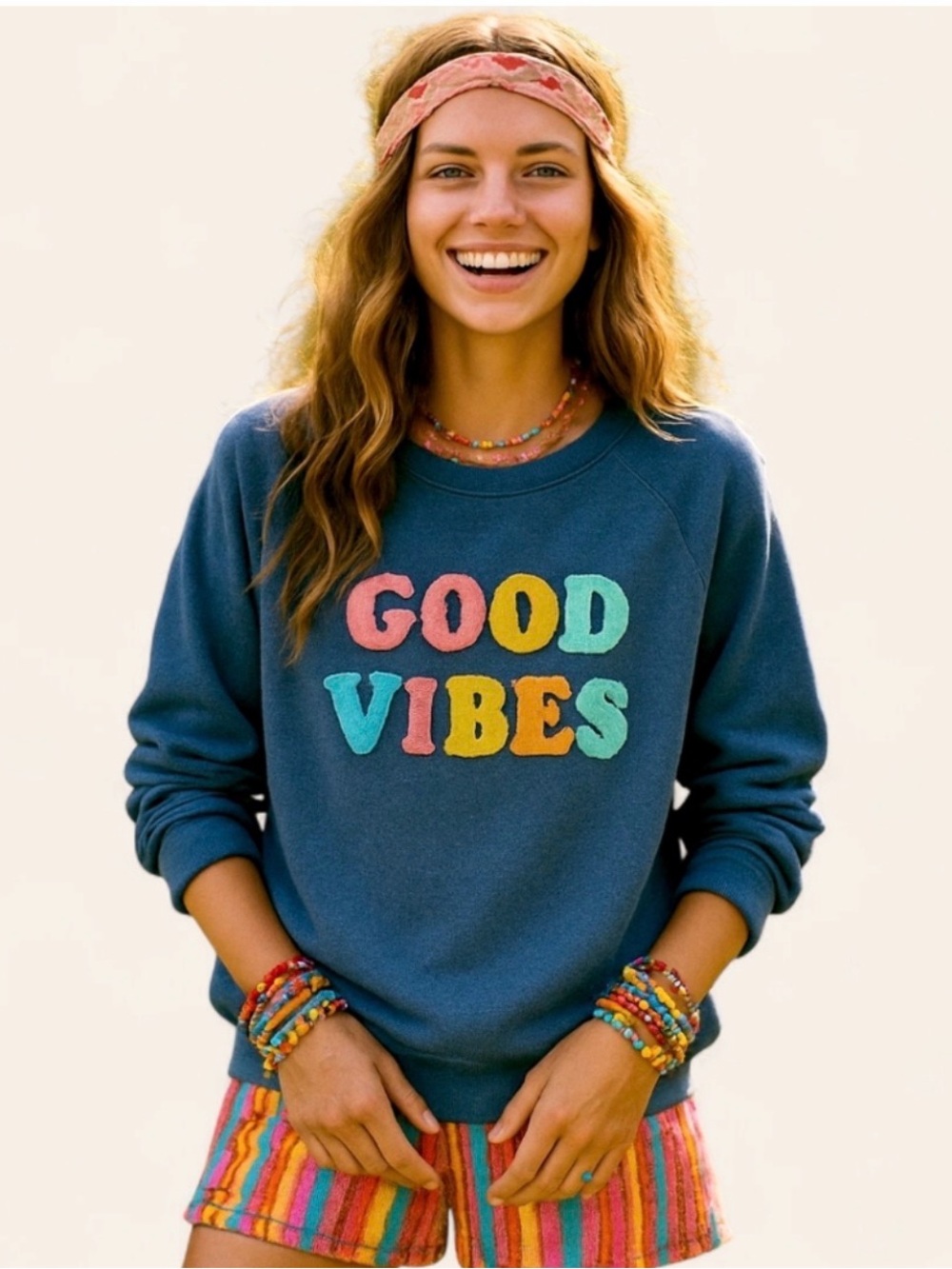 Wildfox Retro 70s Good Vibes Colorful Graphic Sweatshirt